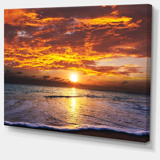 Designart - Yellow Sunset above Foaming Waves